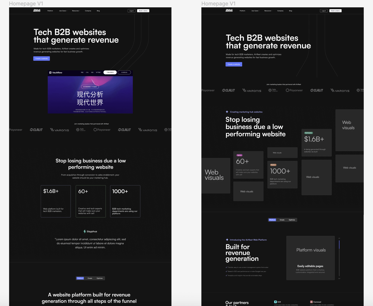 side by side website options wireframe